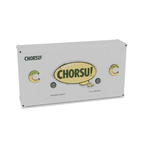 3D модель вывески бренда Chorsu! с желтым логотипом и цитрусовыми акцентами на белом фоне.