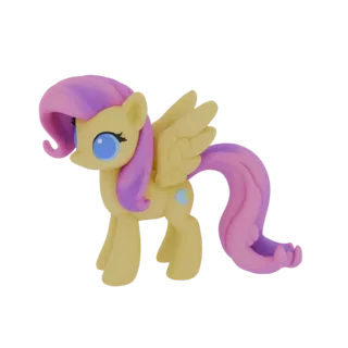 3D модель Флаттершай из My Little Pony, желтая пегаска с розово-фиолетовой гривой и хвостом, голубыми глазами.