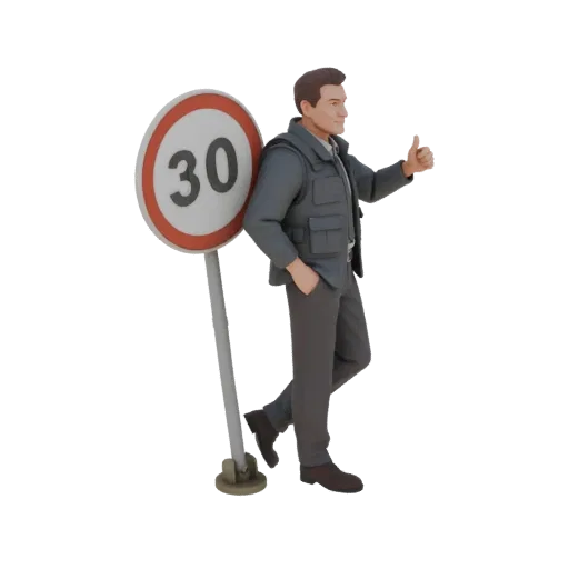 3D модель мужчины в сером пиджаке и бронежилете, опирающегося на дорожный знак "30" и показывающего большой палец вверх.