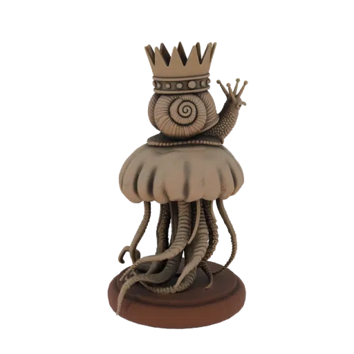 3D модель улитки в короне, сидящей на медузе со щупальцами, на коричневом основании.