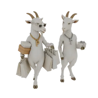 3D модель двух белых коз в модных аксессуарах, несущих сумки и подарочные коробки.