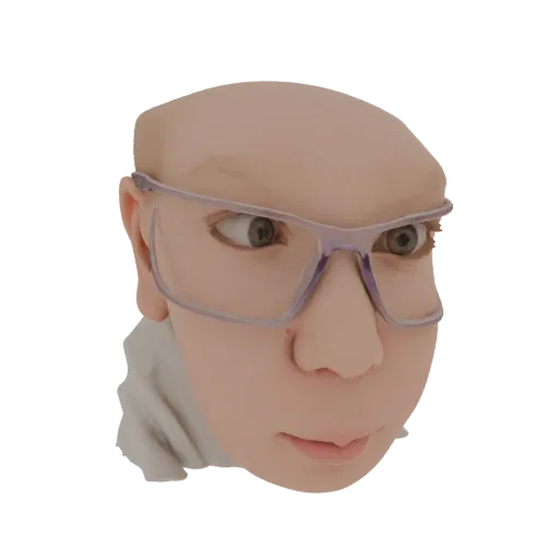 3D рендер стилизованной лысой головы в полупрозрачных фиолетовых очках, с большими детализированными глазами и гладкой тексту