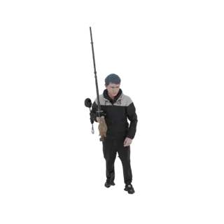 3D-модель мужчины с удочкой и рыбой на белом фоне.