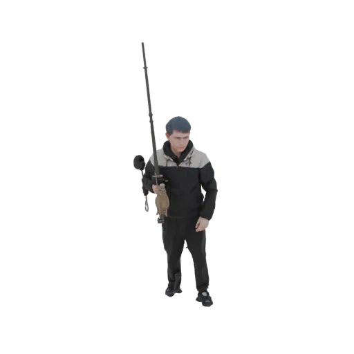 3D-модель мужчины с удочкой и рыбой на белом фоне.