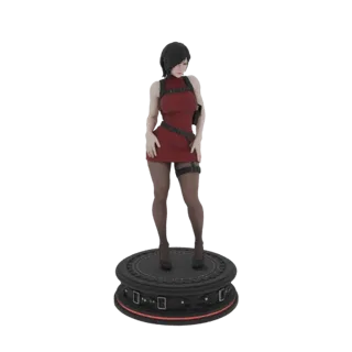 3D модель Ады Вонг в красном платье, стоящая на черном круглом основании, на белом фоне.