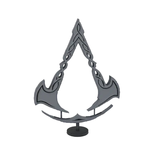 3D модель эмблемы Скрытого Клинка Assassin's Creed с замысловатым узором и элегантным современным дизайном, на черной подстав