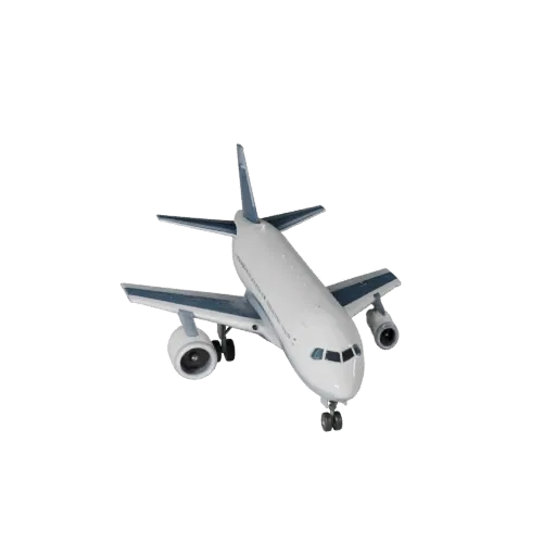 3D-модель авиалайнера, вид в игровом окне в три четверти, готовый для Unity ресурс транспортного средства с балансом крыльев,