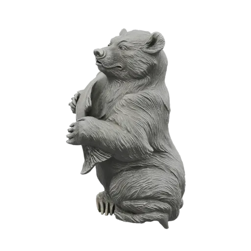 3D модель статуи серого медведя, сидящего и держащего рыбу в лапах, вид сбоку.