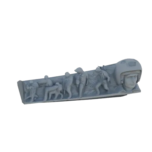 3D модель барельефа, показывающая эволюцию человека от примитивных фигур до головы современного пилота.