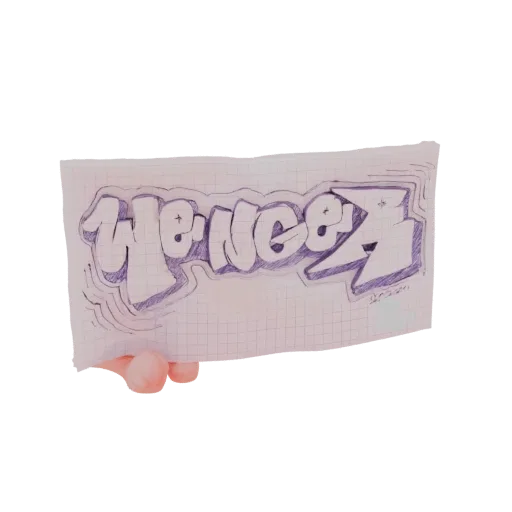 3D модель слова 'Hence' фиолетовыми граффити-буквами на миллиметровой бумаге, в руке.