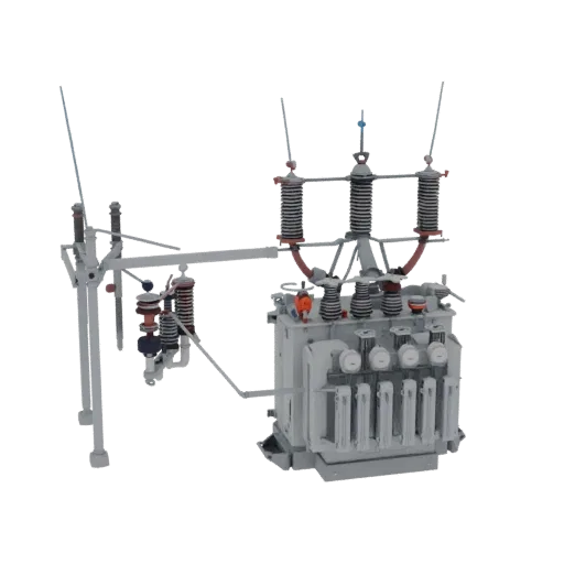 3D модель серого промышленного силового трансформатора с несколькими ребрами охлаждения и датчиками, подключенная к сложной с
