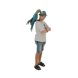 3D model of a man wearing a blue hat and sunglasses, with a blue and yellow parrot perched on his shoulder, arms crossed.