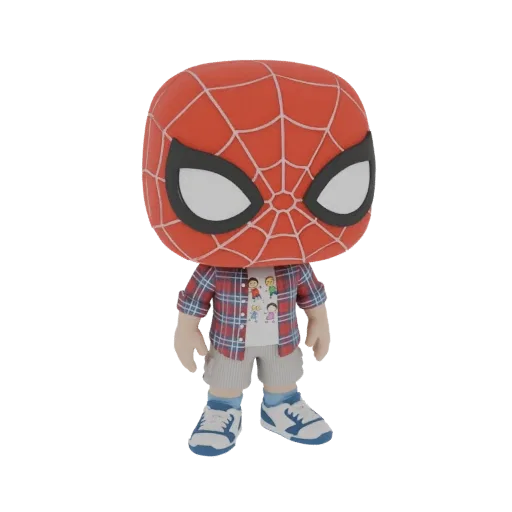 3D-модель Человека-паука в повседневном стиле Funko Pop, в клетчатой рубашке и шортах.