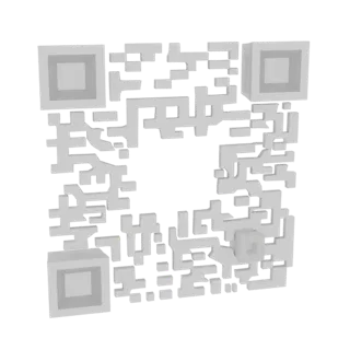 3D модель серого QR-кода с выступающими квадратными модулями на белом фоне.