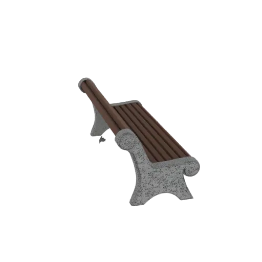 3D модель классической парковой скамьи с текстурированными каменными ножками и деревянными планками, вид с немного приподнято