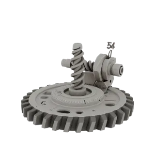 3D модель червячной пары с червяком и червячным колесом, демонстрирующая редукцию 54:1