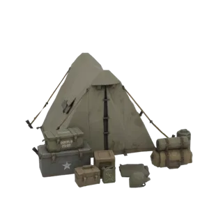 3D модель военного лагеря Второй мировой войны с хаки-палаткой, зелеными и серыми ящиками с припасами, канистрой и свернутыми