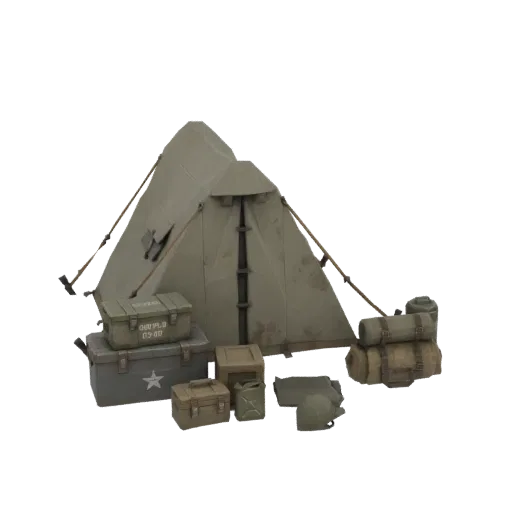 3D модель военного лагеря Второй мировой войны с хаки-палаткой, зелеными и серыми ящиками с припасами, канистрой и свернутыми