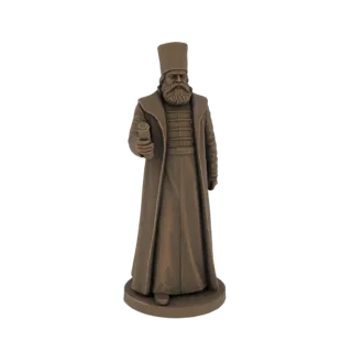 3D модель викторианского джентльмена с бородой, в шляпе и длинном пальто, держащего свиток.