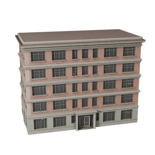 Реалистичная 3D модель фасада офисного здания, вид с трех четвертей снаружи, показывающий материалы фасада здания и архитекту