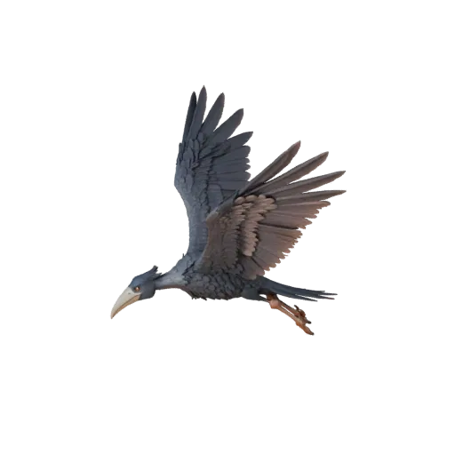 3D модель журавля, вид сбоку игровой камеры, готовый для Unity ассет животного с детализацией хвоста, контрастом материалов к