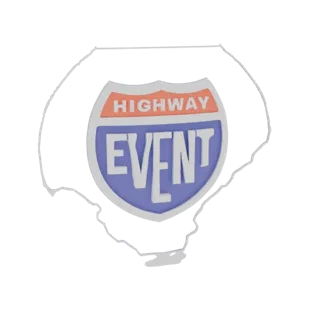 3D-модель дорожного знака 'HIGHWAY EVENT' с жирным текстом, в красно-бело-синих тонах.