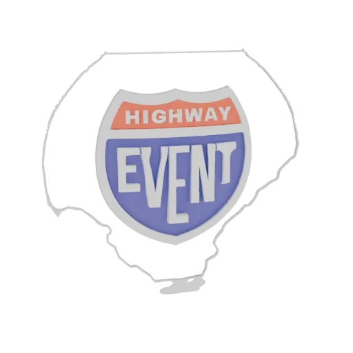 3D-модель дорожного знака 'HIGHWAY EVENT' с жирным текстом, в красно-бело-синих тонах.
