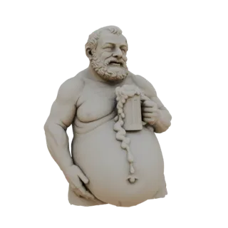 Рендер 3D модели серого бюста веселого, полного мужчины с бородой, держащего кружку пива с пеной, стекающей по животу.