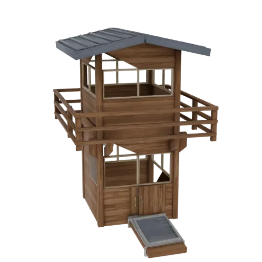 3D-рендер деревенской деревянной кабины лесной пожарной вышки с серой металлической крышей и окружающим балконом.
