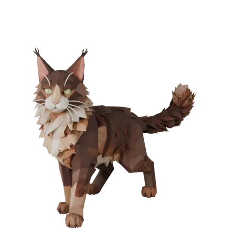 Низкополигональная 3D-модель мейн-куна, вид сбоку в игровой камере, низкополигональный ассет животного с балансом позы, анато