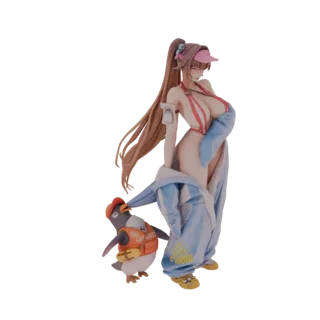 3D модель пляжной девушки в бикини и синей накидке, держащей пингвина в оранжевом спасательном жилете.