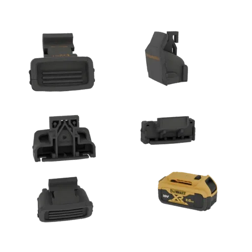 Рендер 3D модели аккумулятора DEWALT 18V XR 2.0Ah и нескольких черных креплений для инструментов, расположенных на белом фоне