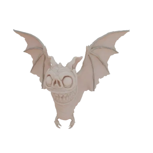 Рендер 3D модели жуткой летучей мыши бледного цвета с широкой ухмылкой, большими глазами и рваными крыльями на белом фоне.