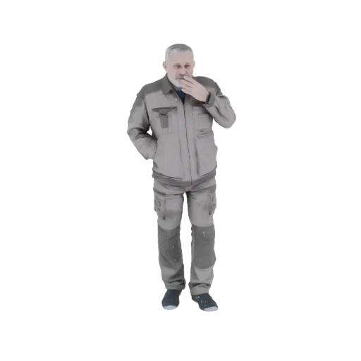 3D модель пожилого мужчины в серой рабочей куртке и брюках, одна рука в кармане, другая у лица.