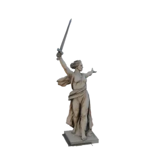 3D model of 'The Motherland Calls' statue, a woman in a dynamic pose holding a sword aloft, standing on a pedestal.