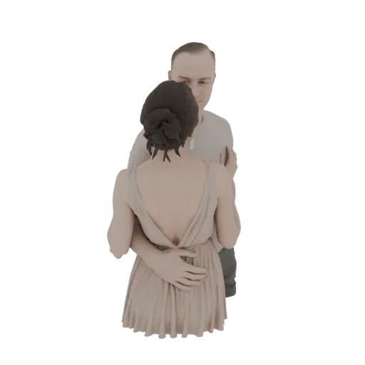 3D модель мужчины и женщины в нежных объятиях, мужчина обнимает женщину за талию, их лица близко.