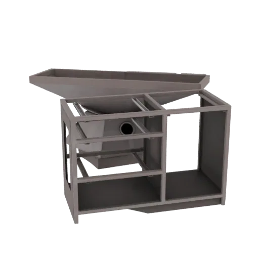 3D модель современного каркаса кухонного шкафа под мойку с раковиной и видимым доступом к сантехнике, в металлическом исполне