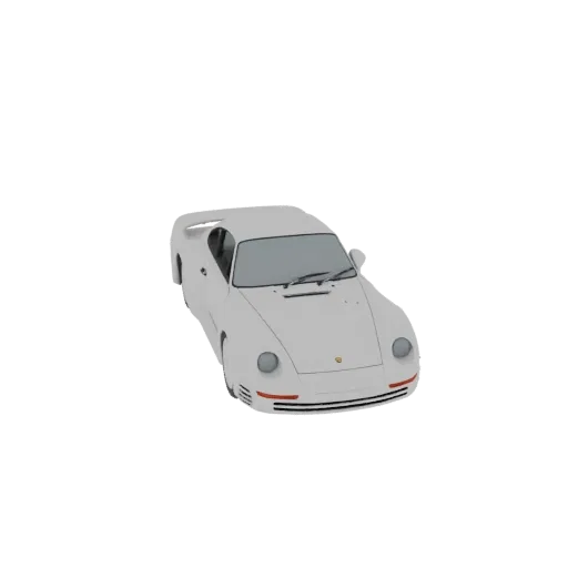 3D рендер белого спорткара Porsche 959 на черном фоне.