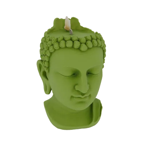 3D модель зеленой головы Будды в виде свечи с горящим фитилем, закрытыми глазами и безмятежным выражением.