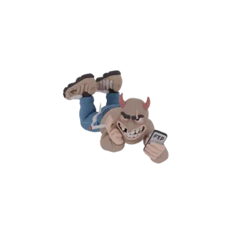 3D-модель персонажа черта в стиле клеймации, лежащего, держащего смартфон и зажженную сигарету, с маленькими рожками и озорно