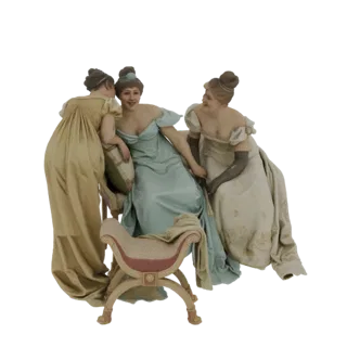 3D модель трех викторианских дам в элегантных платьях, беседующих на шезлонге, с реалистичными текстурами ткани и исторически
