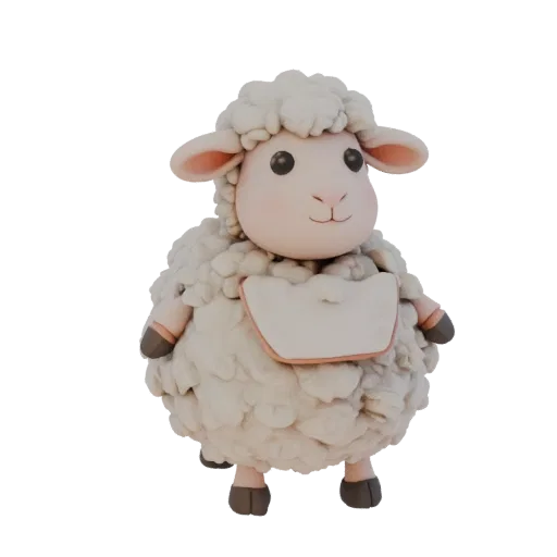 3D-модель милой круглой овечки с нагрудником, стоящей на задних лапках