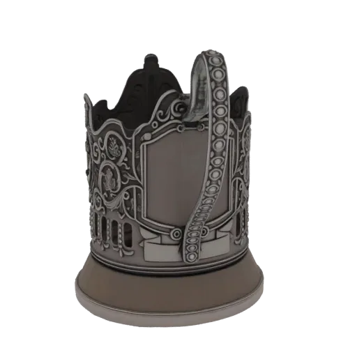 3D-модель витиеватого металлического подстаканника в викторианском стиле с замысловатыми узорами и декоративной ручкой.