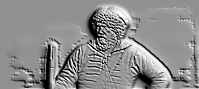 3D модель барельефа с изображением моряка в форме, выполненного в стиле скульптуры.