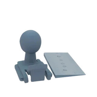 Минималистичная 3D-модель серого резинового штампа рядом с серым блокнотом с линейками и круговыми отпечатками.