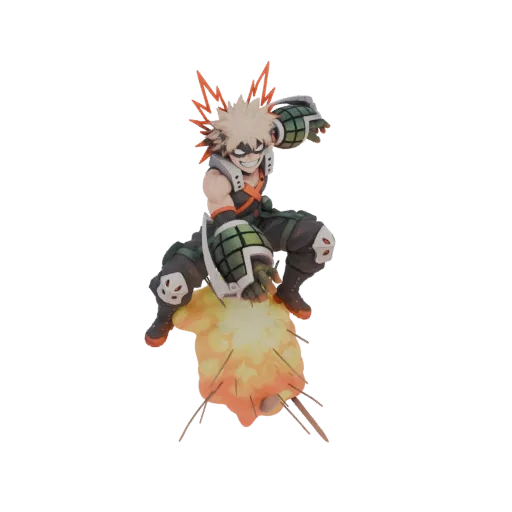 3D модель Кацуки Бакуго из My Hero Academia в динамичной позе, окруженный эффектами огненного взрыва.