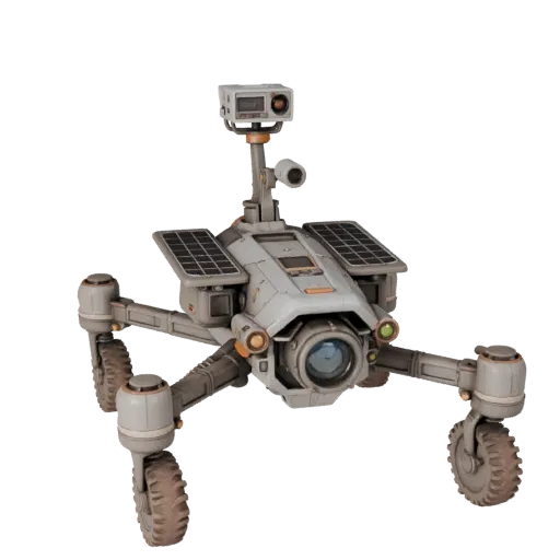 Высокополигональная 3D-модель разведывательного дрона «Проспектор», студийный рендер крупным планом, показывающий пыльные кол