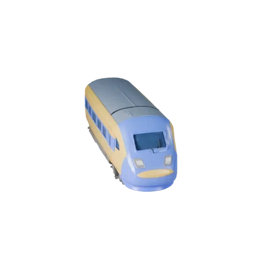 Мультяшная 3D-модель высокоскоростного поезда, вид в три четверти в студии, стилизованный актив транспортного средства с гото