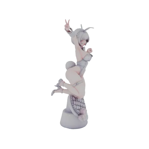 3D модель девушки-кролика в динамичной позе, в костюме кролика, показывающая знак мира двумя пальцами.