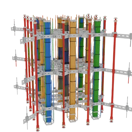 3D модель промышленной системы управления кабелями с цветными лотками и серыми опорными конструкциями.